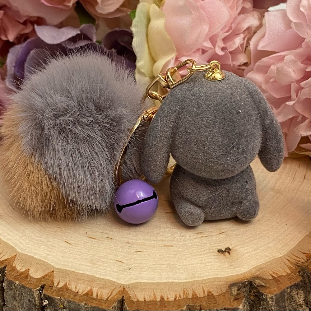 Gray Felt Bunny Rabbit Charm with Gray Pom Pom Keychain - Picture 7 of 11